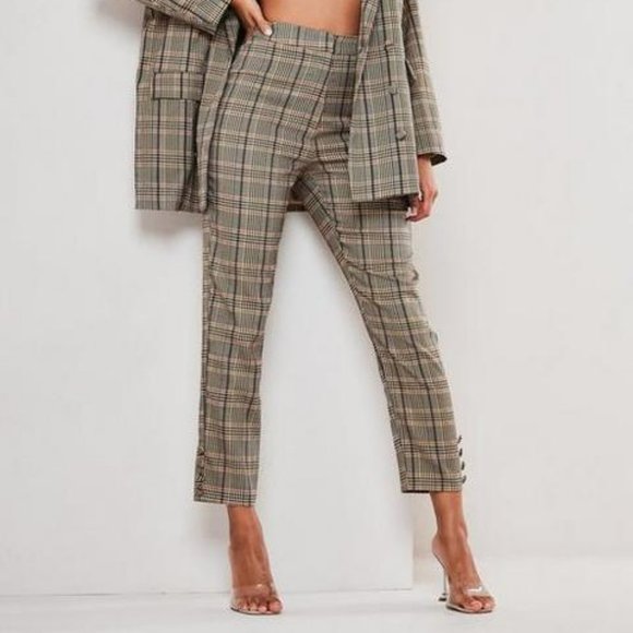 Brown Co Ord Check Bottom Hem Cigarette Trousers - Picture 1 of 4